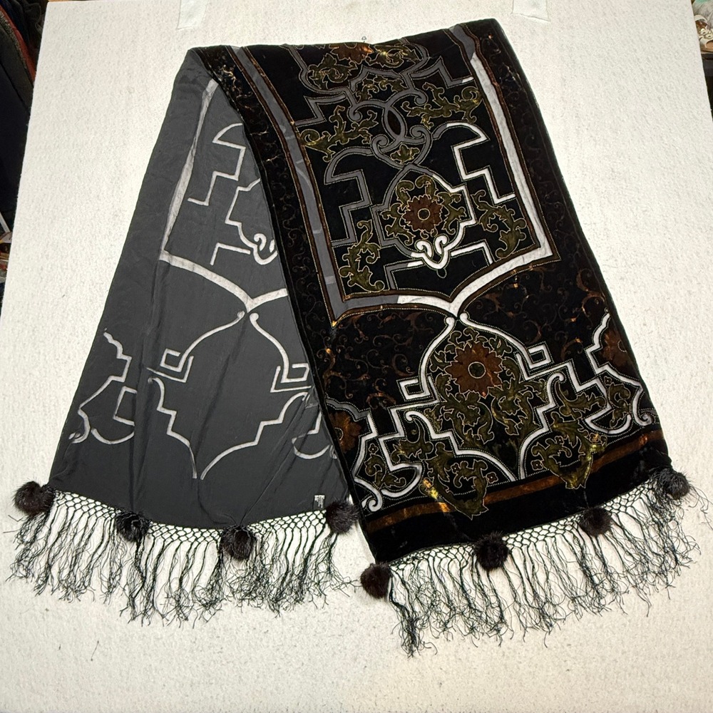 Mitchies Silk Velvet Scarf Black Gold Damask Floral Fringe Pom Pom Canada 19x64